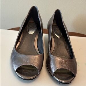 Alfani  Step n flex women’s shoes
Pep-toe  2”wedge heel metallic, pewter padded